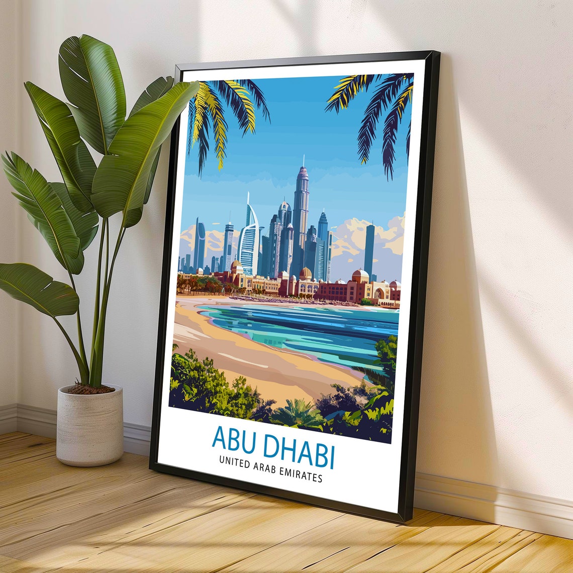 Abu Dhabi UAE Skyline Beach Palm Trees Modern City Travel Poster - Image 2