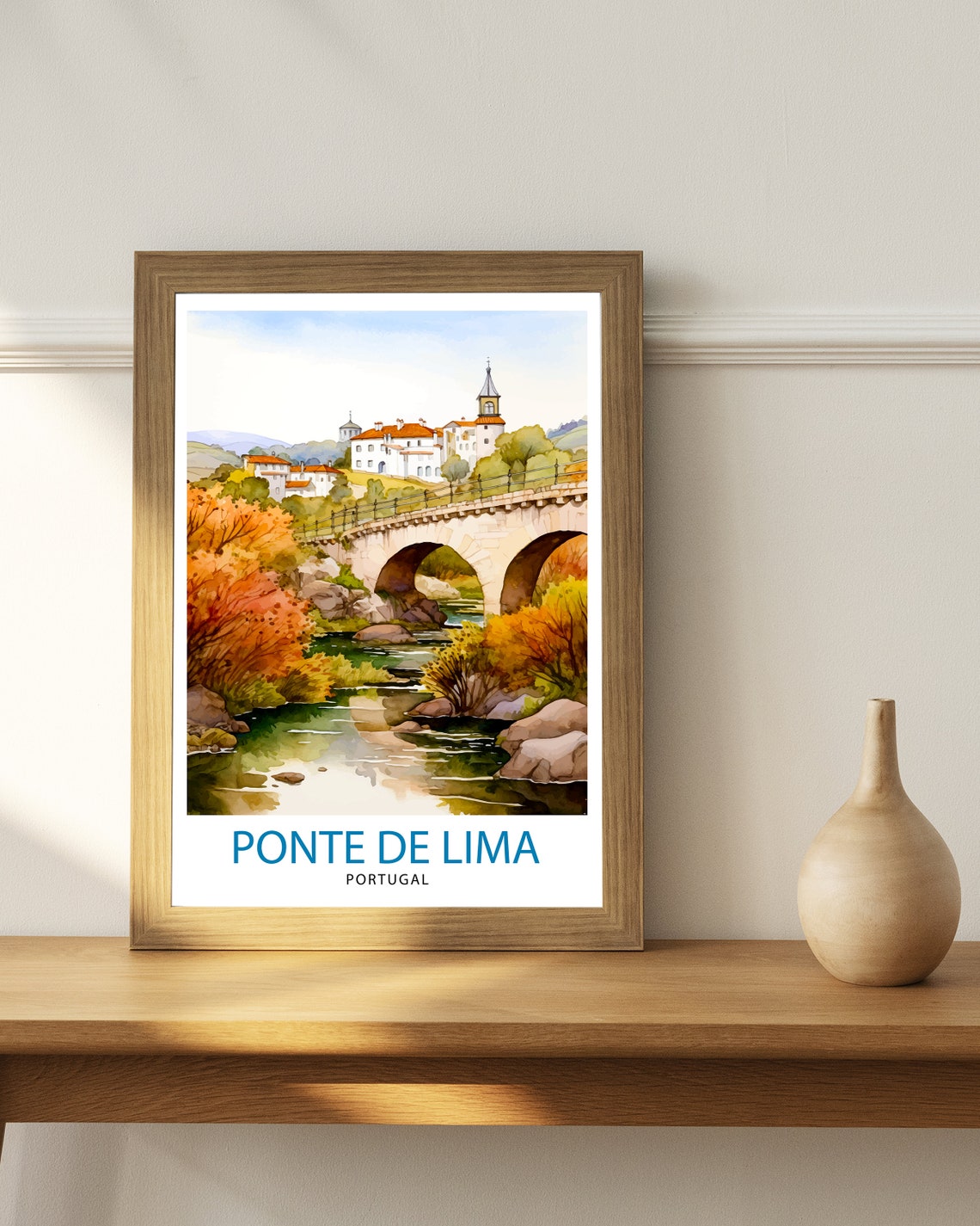 Ponte De Lima Portugal Medieval Bridge River Watercolor Poster - Image 2