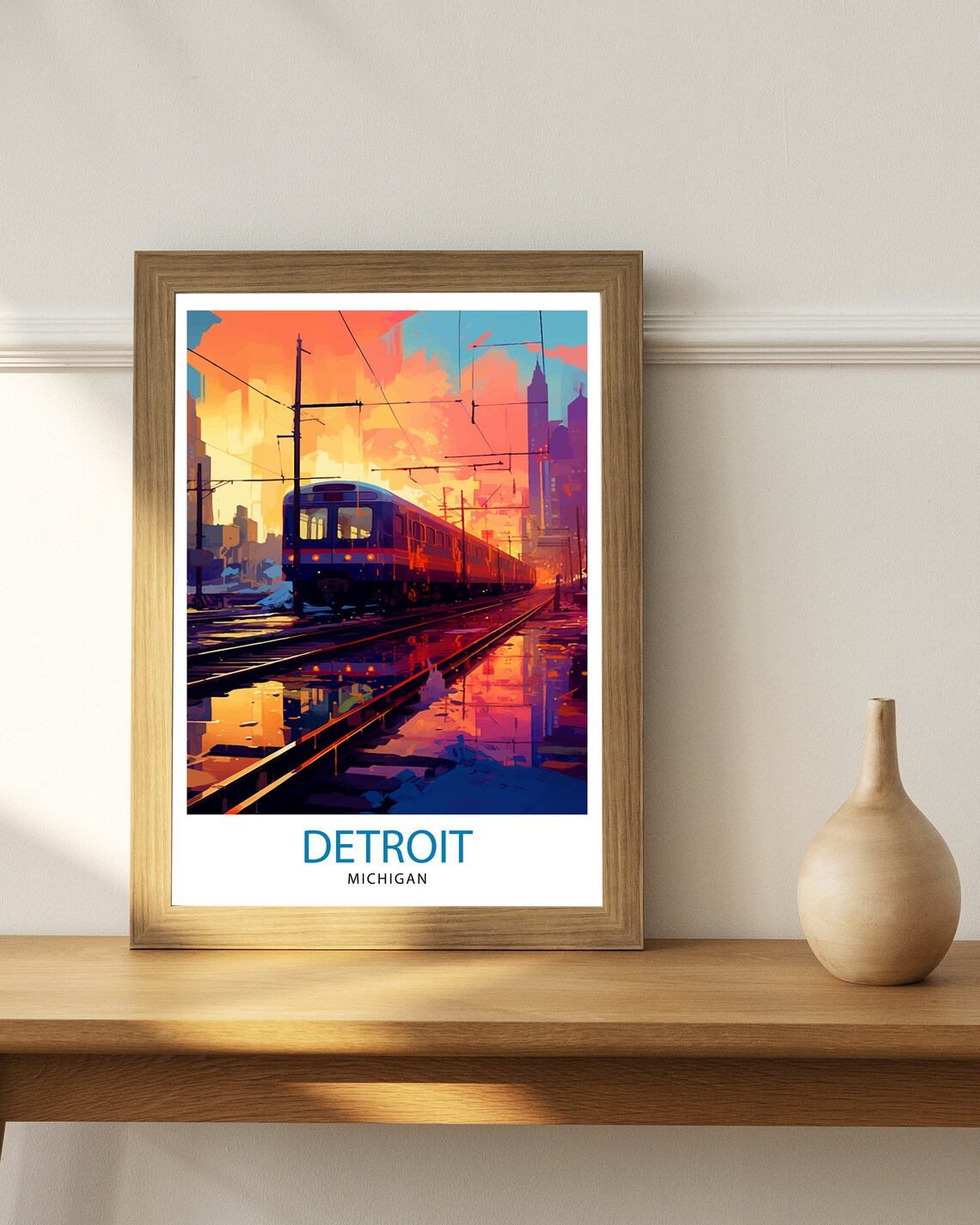 Detroit Michigan Train Sunset Urban Railway Colorful Travel Poster - Image 2