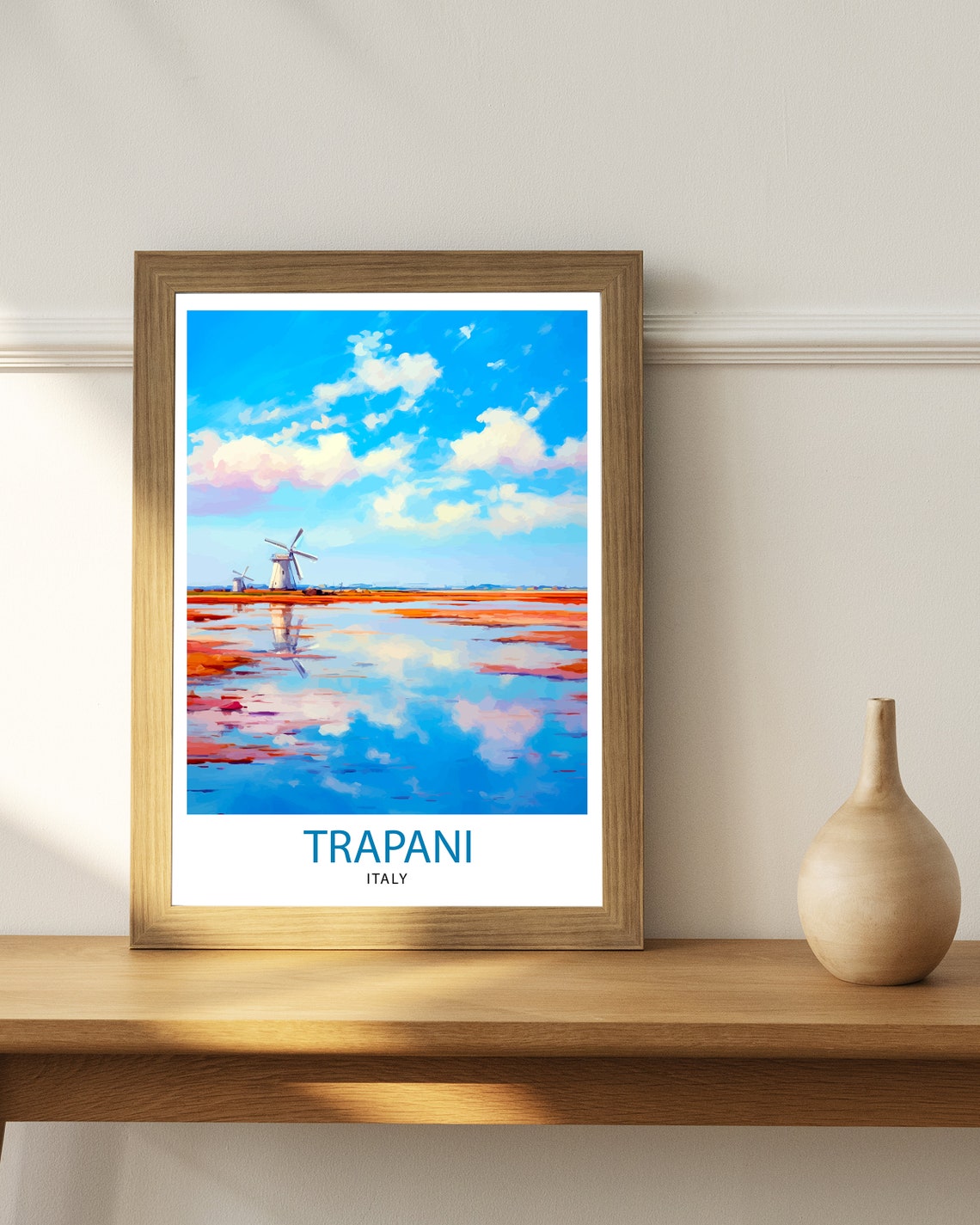 Trapani Italy Salt Pans Windmills Colorful Water Reflections Poster - Image 3