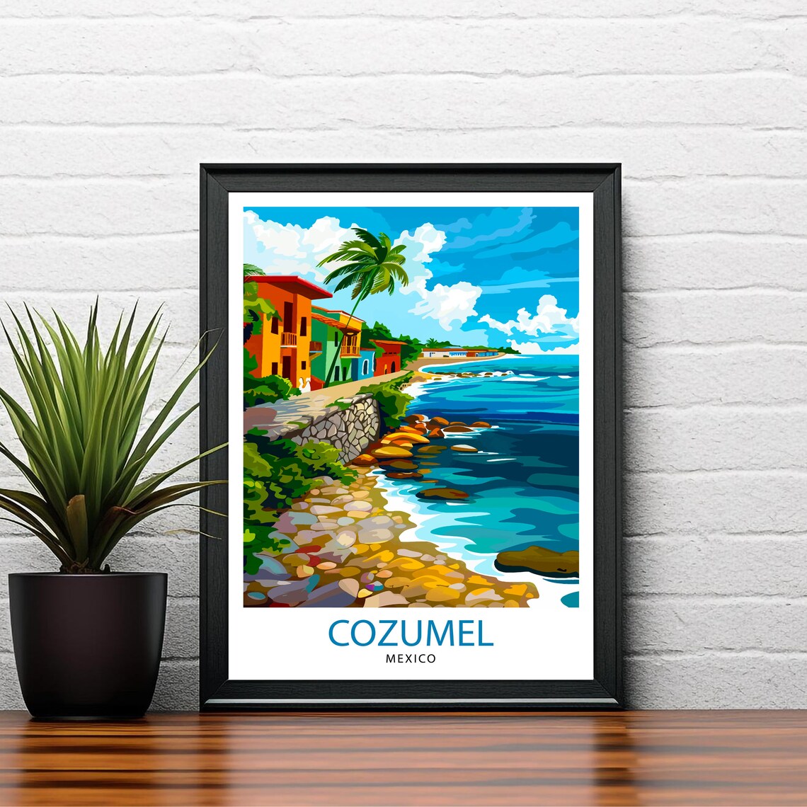 Cozumel Mexico Caribbean Colorful Coastal Street Palm Sea View Poster - Image 2