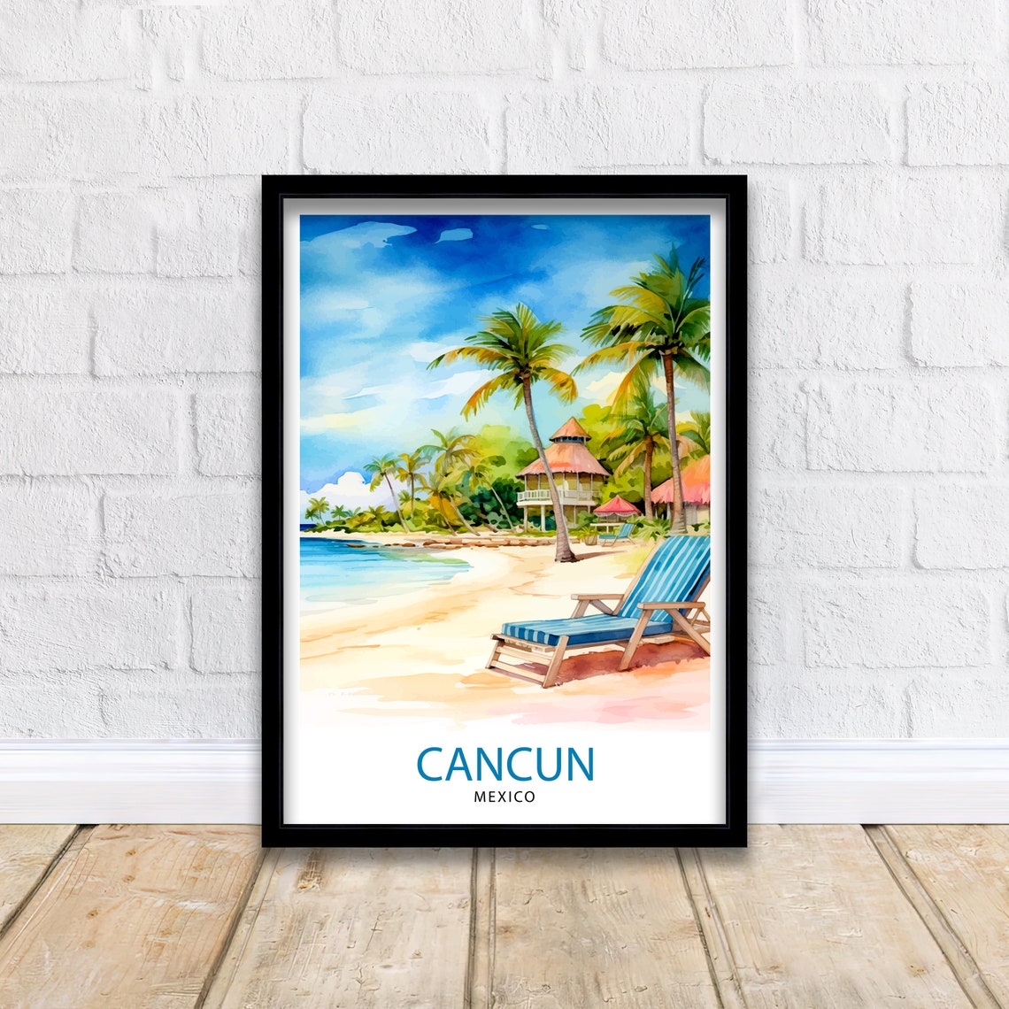 Cancun Mexico Watercolor Palm Beach Lounge Chair Tropical Art Poster - Image 2