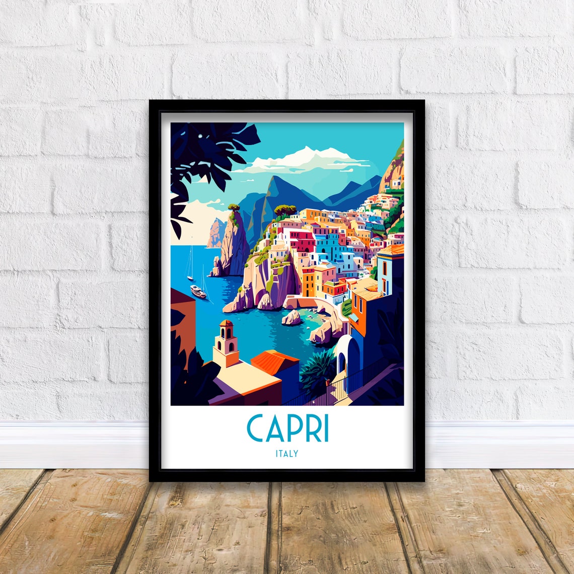 Capri Italy Cliffside Town Turquoise Bay Boats Travel Poster