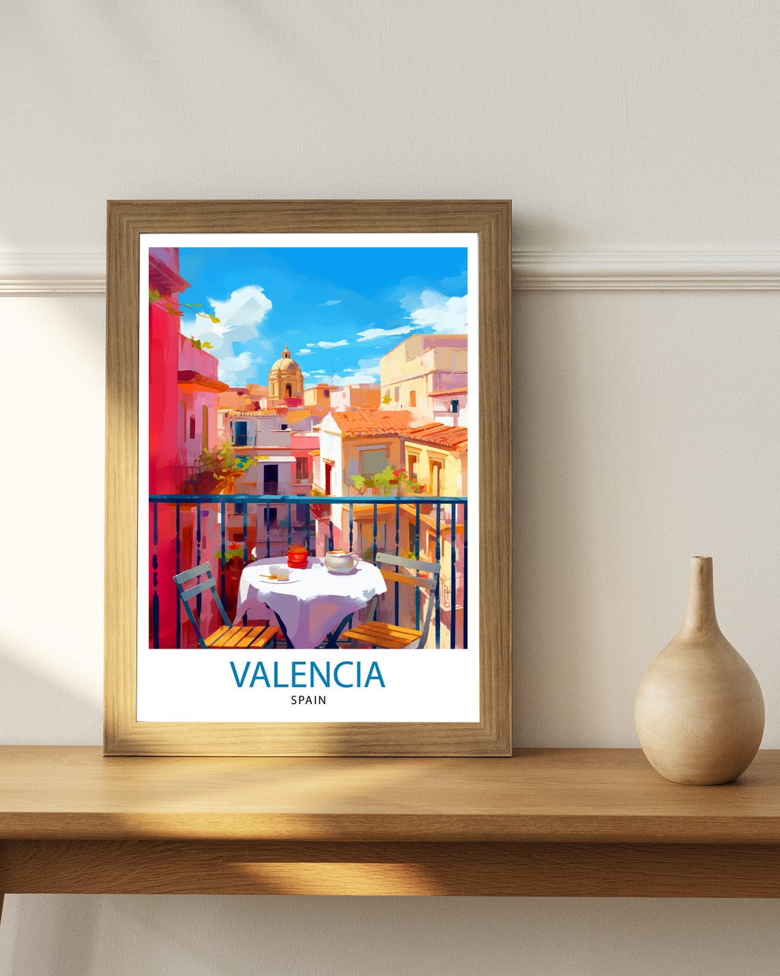 Valencia Spain Sunlit Balcony Terrace Old Town Travel Poster - Image 2