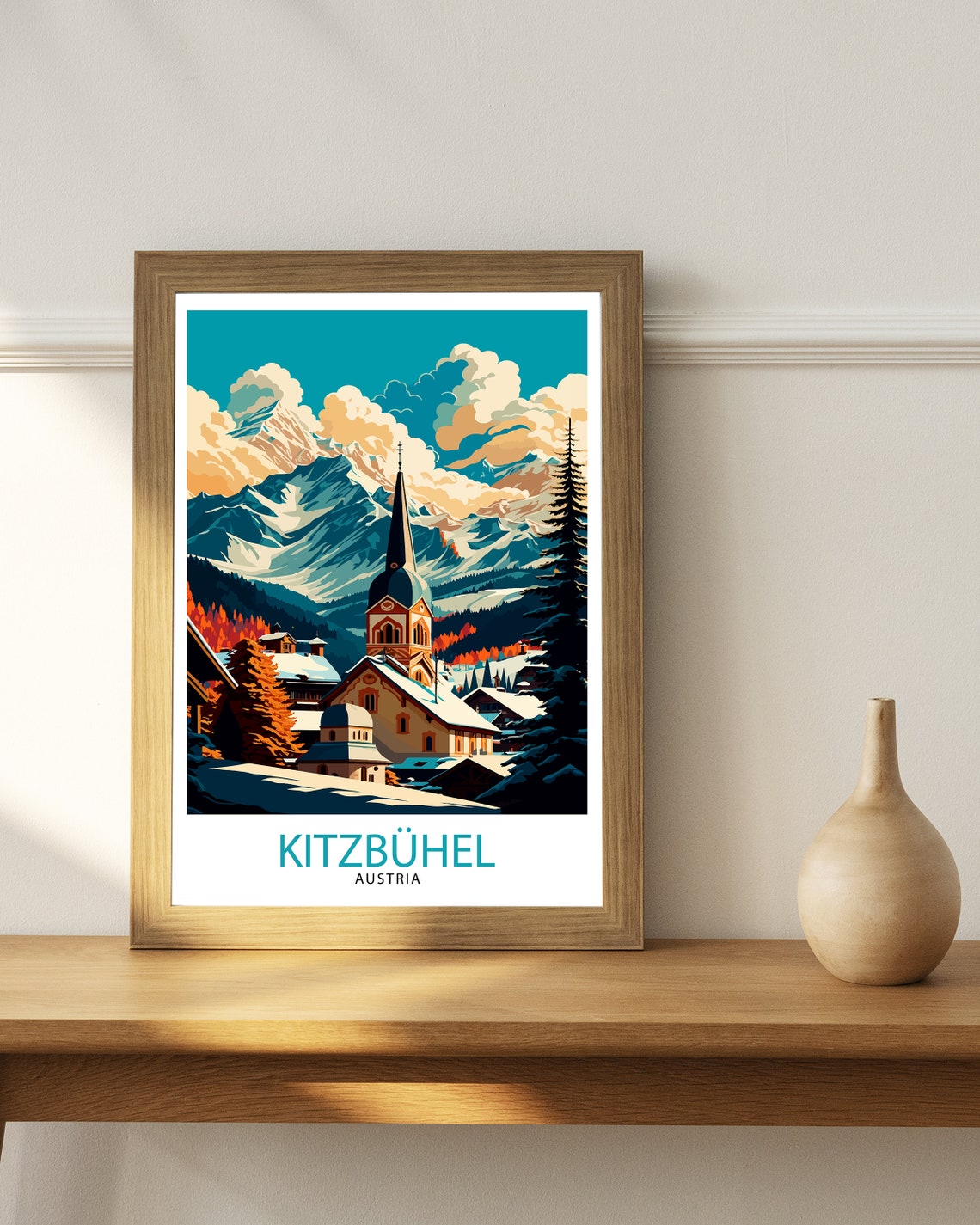 Kitzbuhel Austria Alpine Church Snow Peaks Golden Sky Travel Poster - Image 2