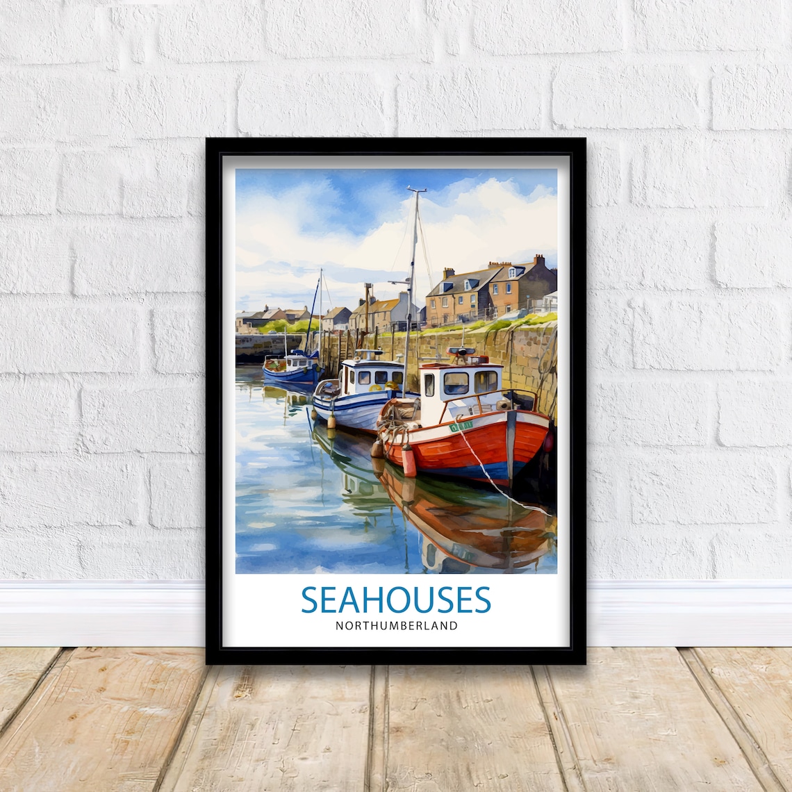 Seahouses Northumberland Fishing Harbor Boats Watercolor Poster - Image 2