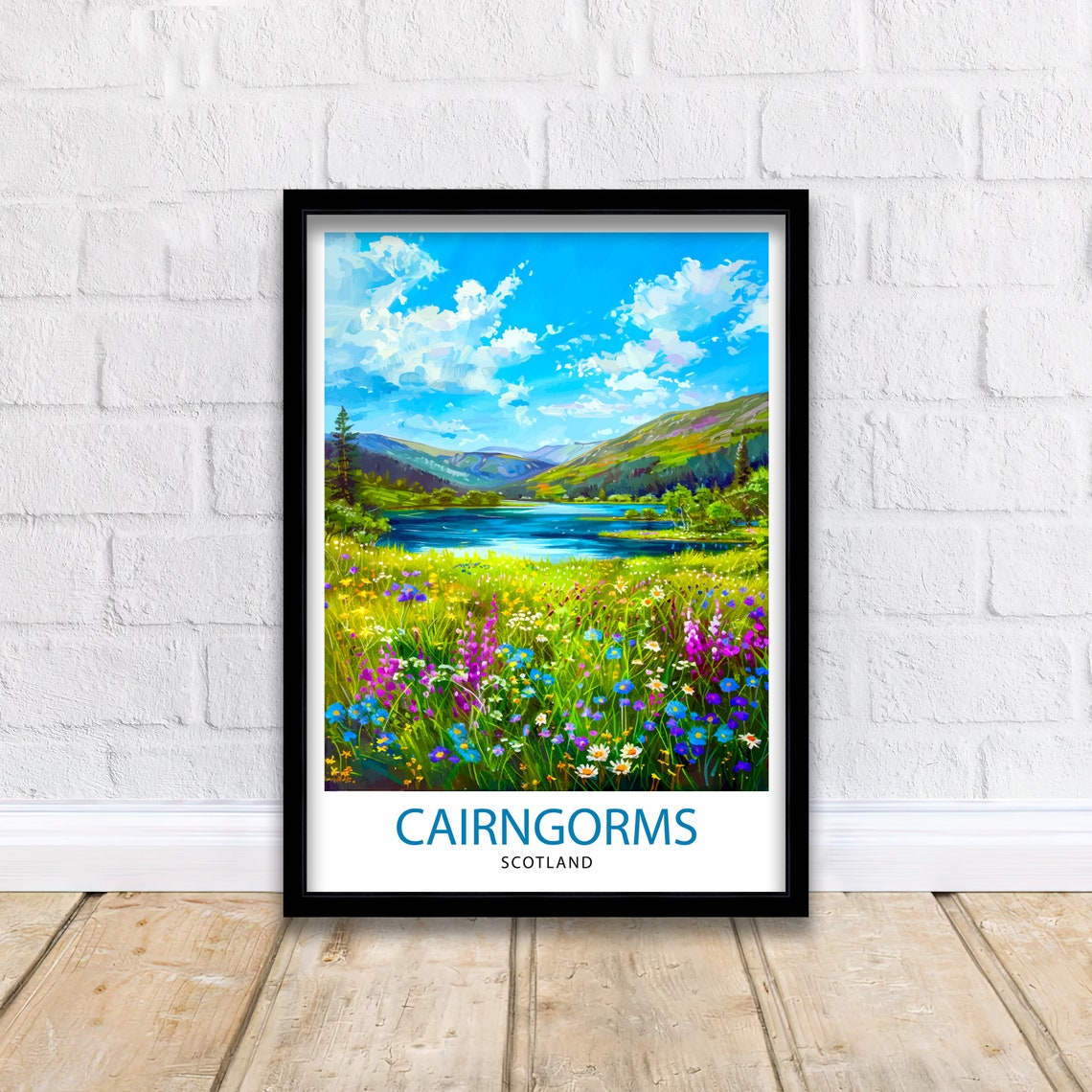 Cairngorms Scotland Mountain Loch Wildflower Meadow Travel Poster
