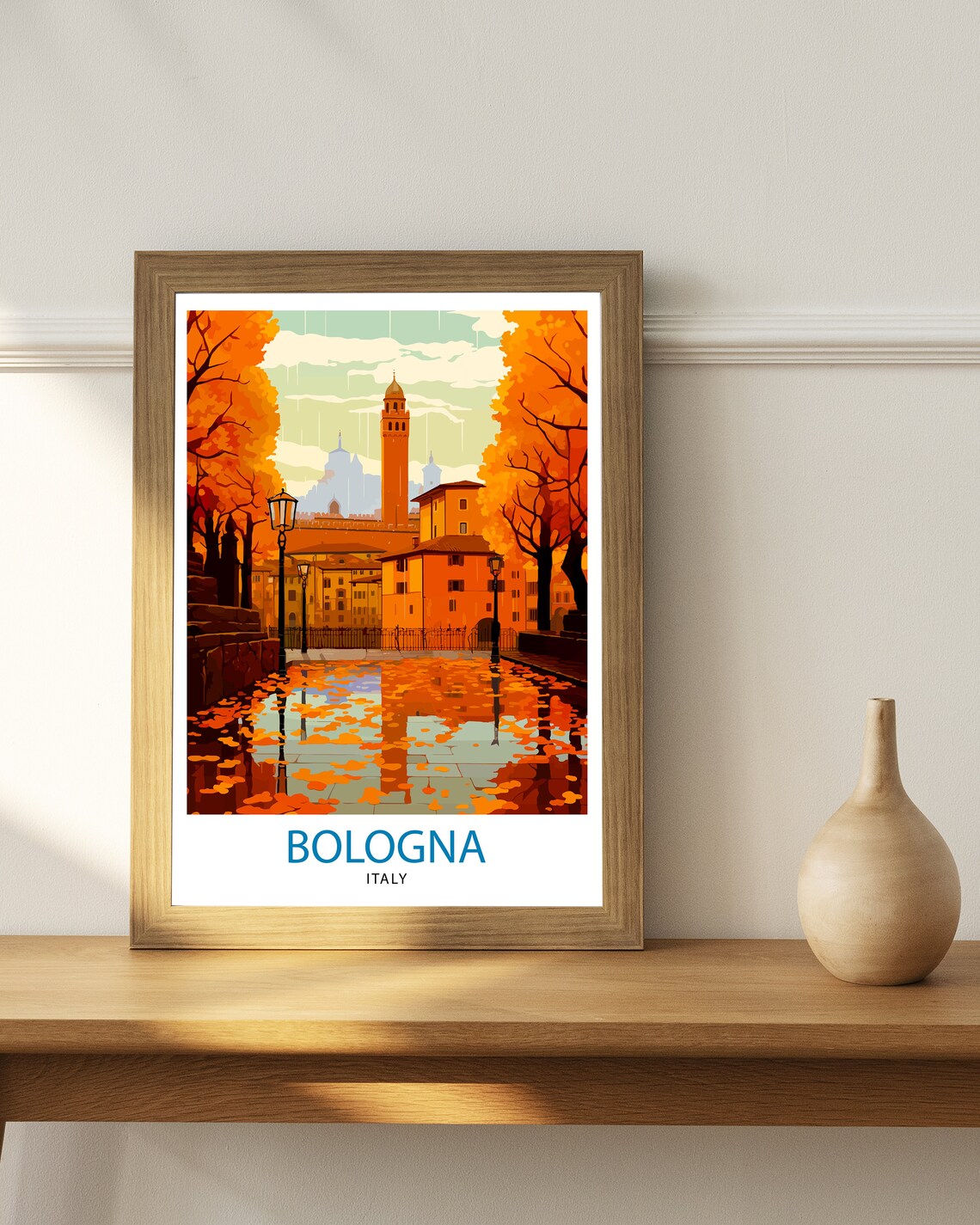 Bologna Italy Autumn Street Orange Trees Historic Tower Travel Poster - Image 3
