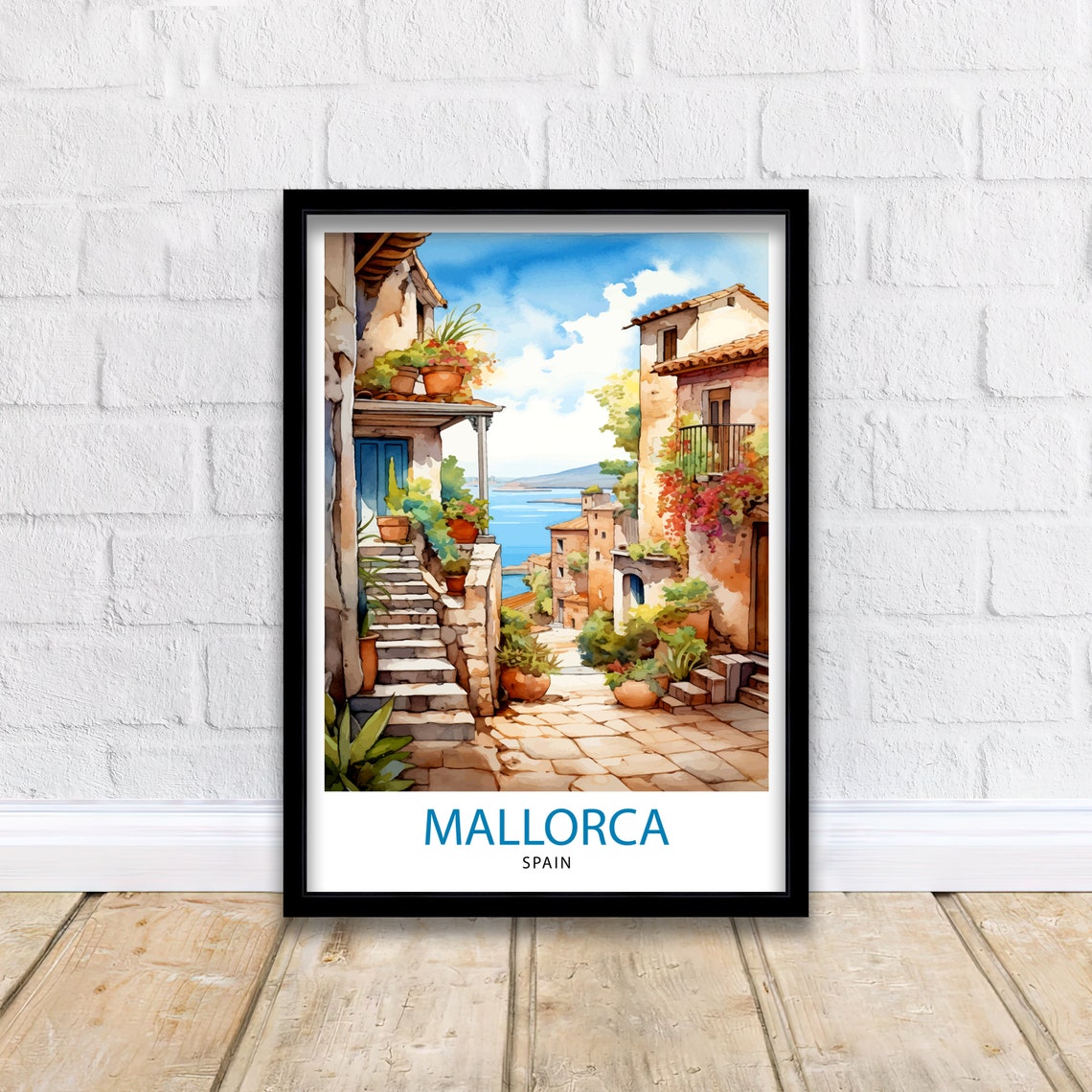 Mallorca Spain Watercolor Village Street Seaside Charm Travel Poster - Image 2