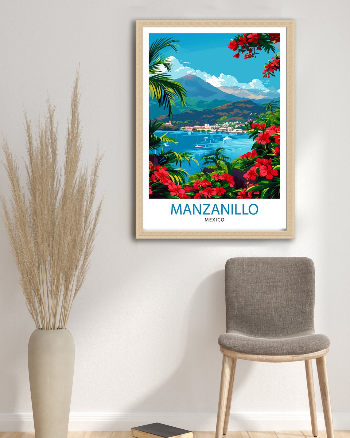 Manzanillo Mexico Tropical Bay Framed by Bright Red Flowers Poster - Image 2