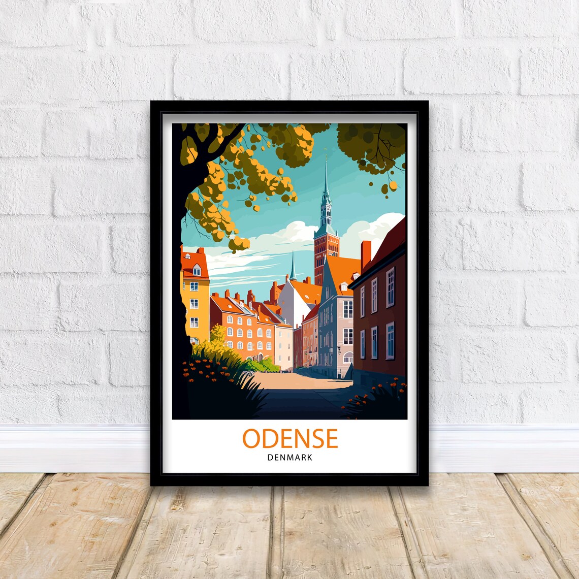 Odense Denmark Historic Street Church Tower Vintage Travel Poster - Image 2