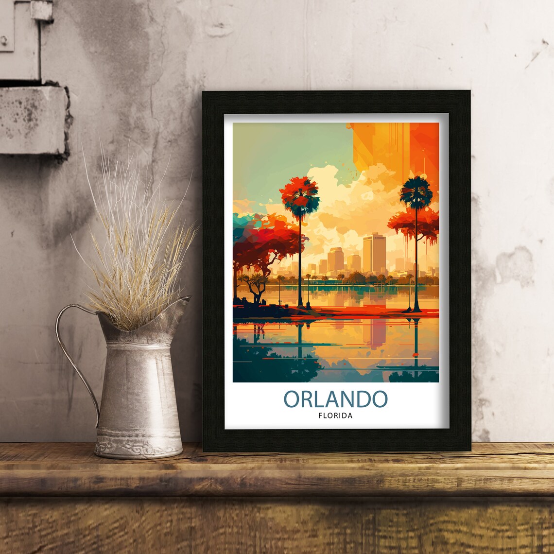 Orlando Florida Lakeside Downtown Skyline Palms Sunset Travel Poster - Image 3