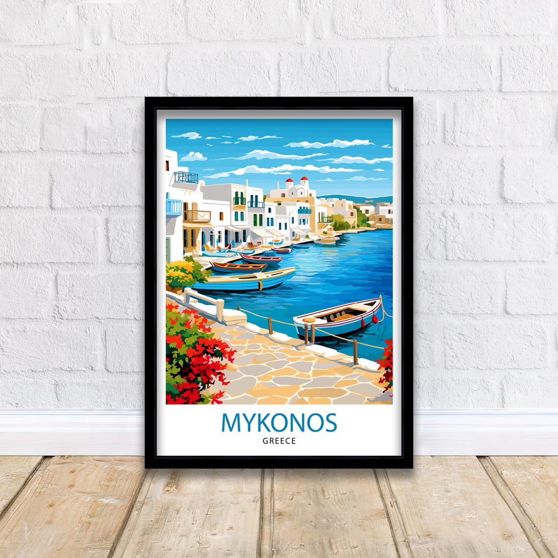 Mykonos Waterfront Whitewashed Town Boats Greek Island Poster - Image 2