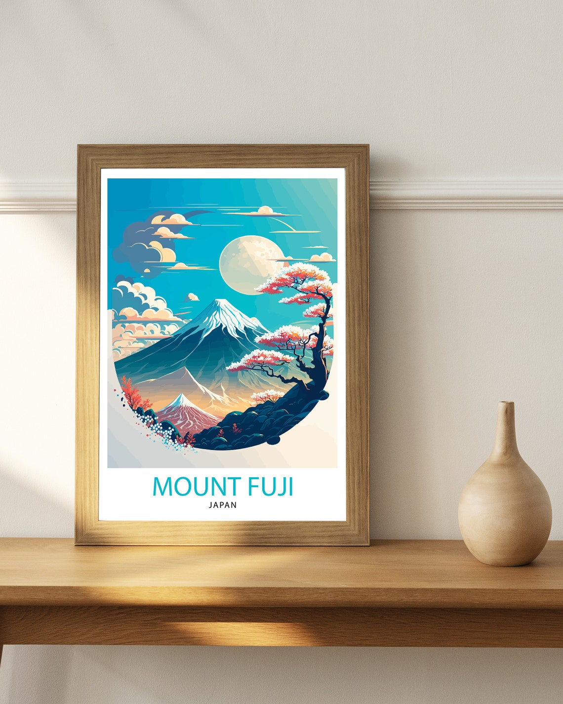 Mount Fuji Japan Cherry Blossom Full Moon Vintage Travel Poster - Image 2