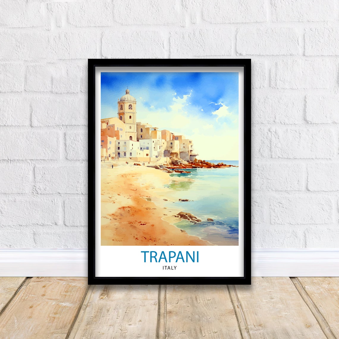 Trapani Sicily Italy Watercolor Beach Church Tower Coastal Poster - Image 2