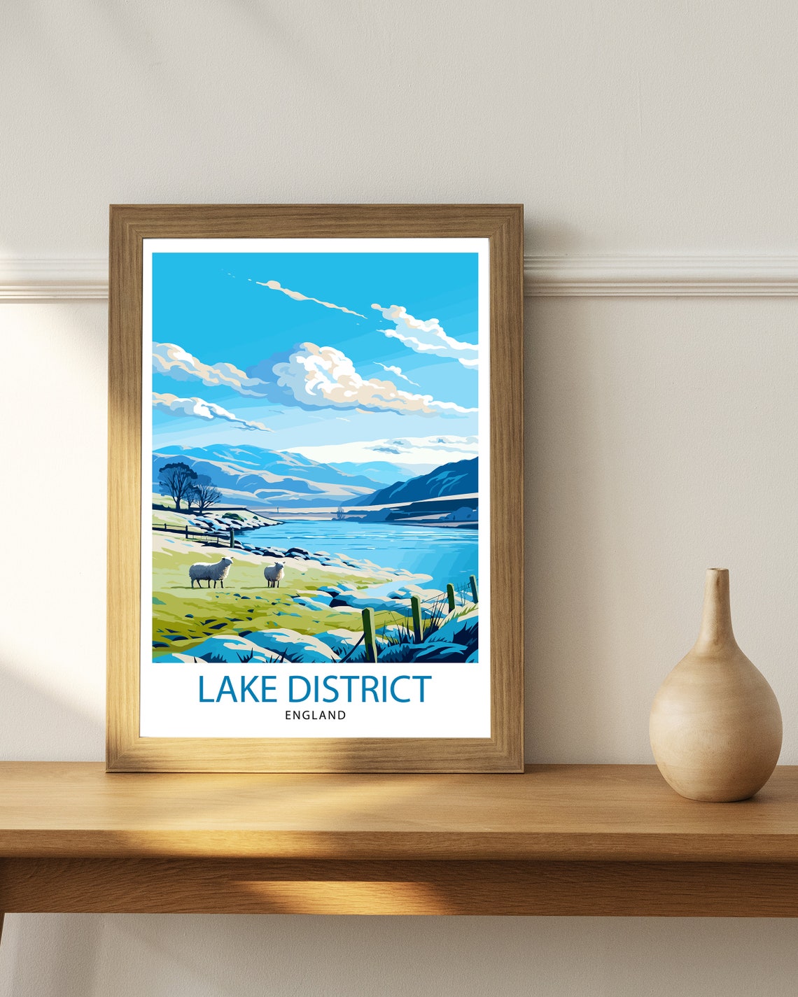 Lake District England Serene Sheep Grazing by Lake Travel Poster - Image 3