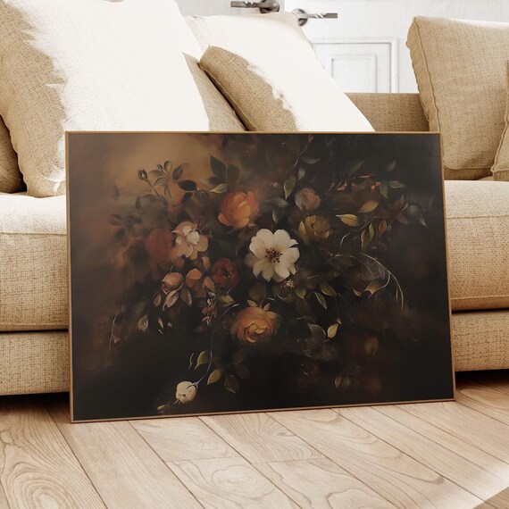 Vintage Fall Floral Print Dark Autumn Flower Painting Moody Green Botanical Fall Decor Thanksgiving Wall Art