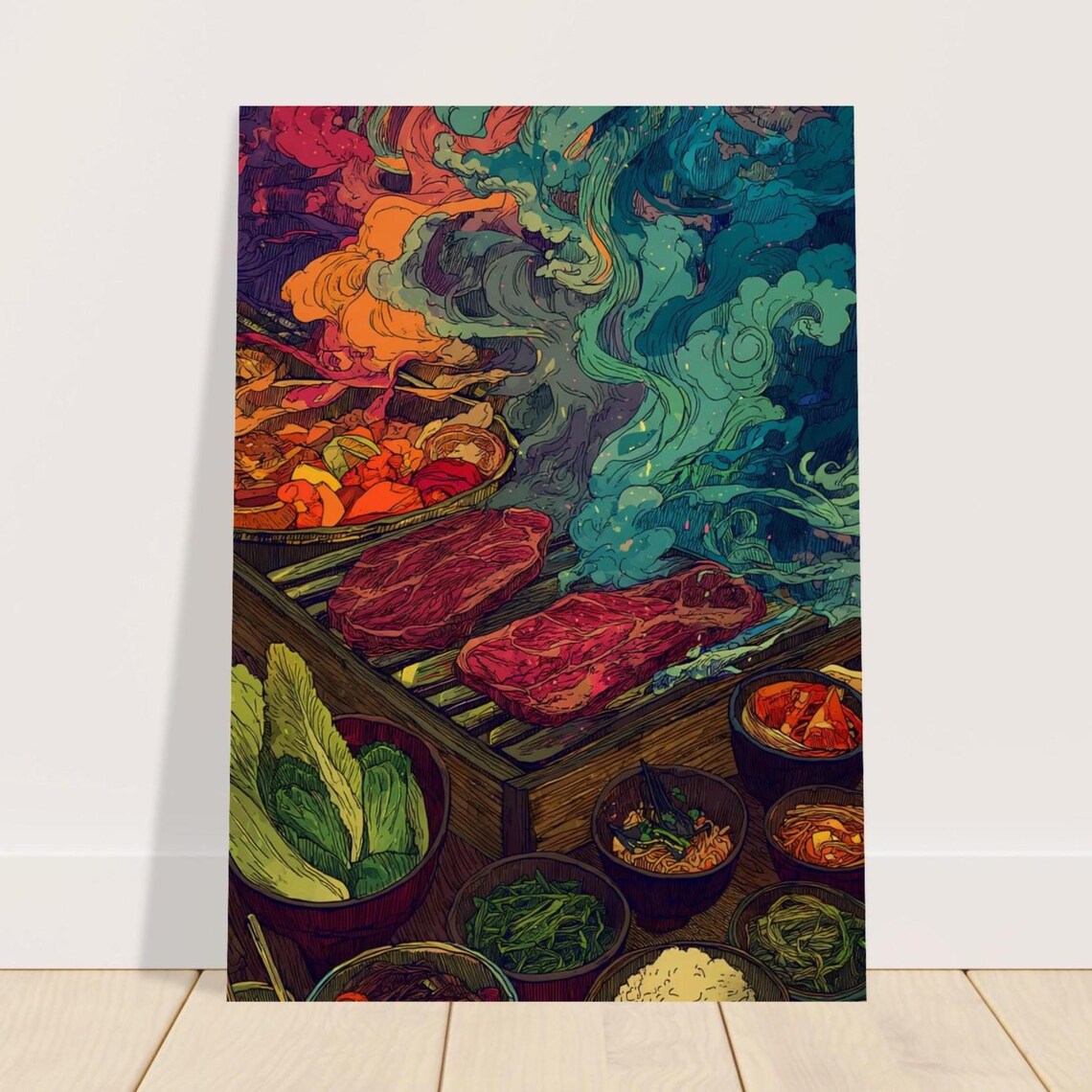 Korean BBQ Grill Smoky Meat Banchan Illustration Kitchen Art Poster