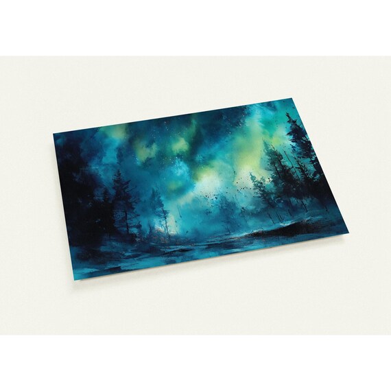 Aurora Borealis Night Sky Snowy Forest Watercolor Postcard Print Winter