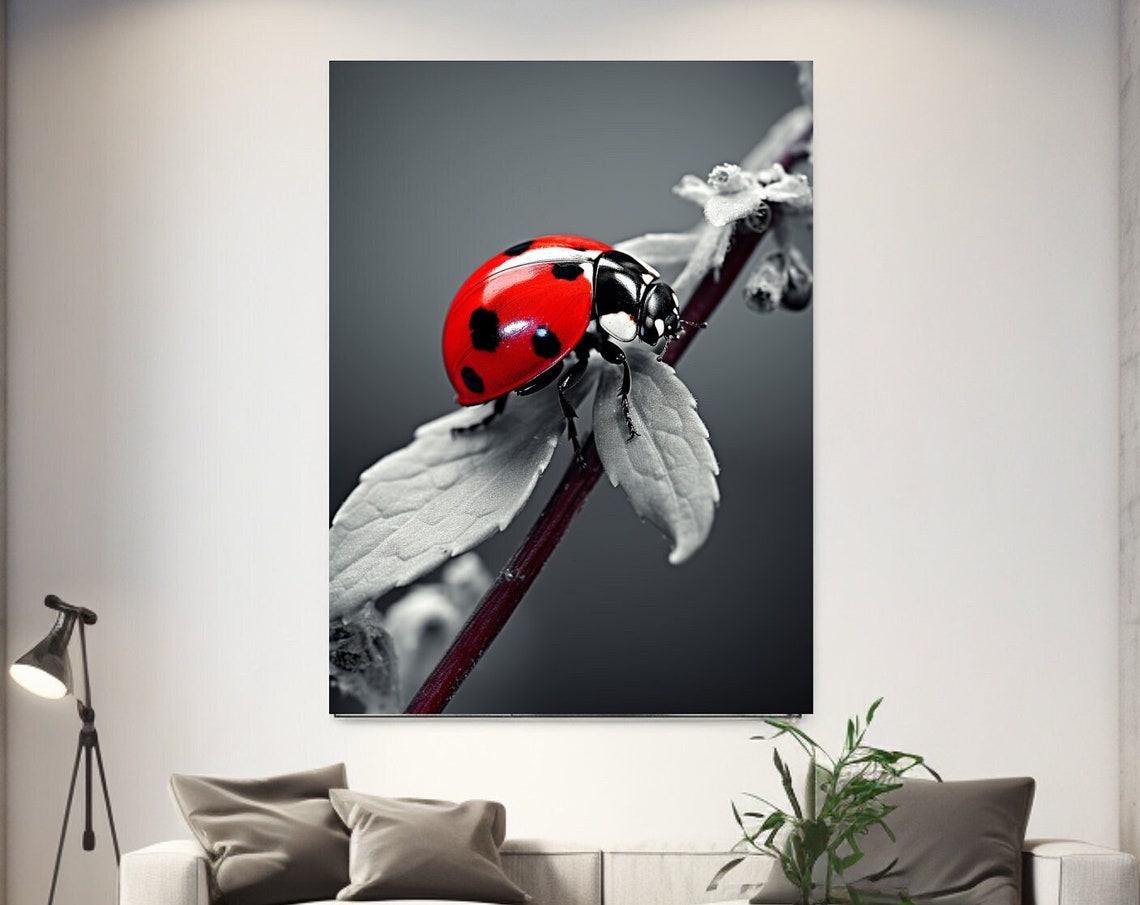Red Ladybug On Leaf Color Splash Macro Nature Black White Wall Art