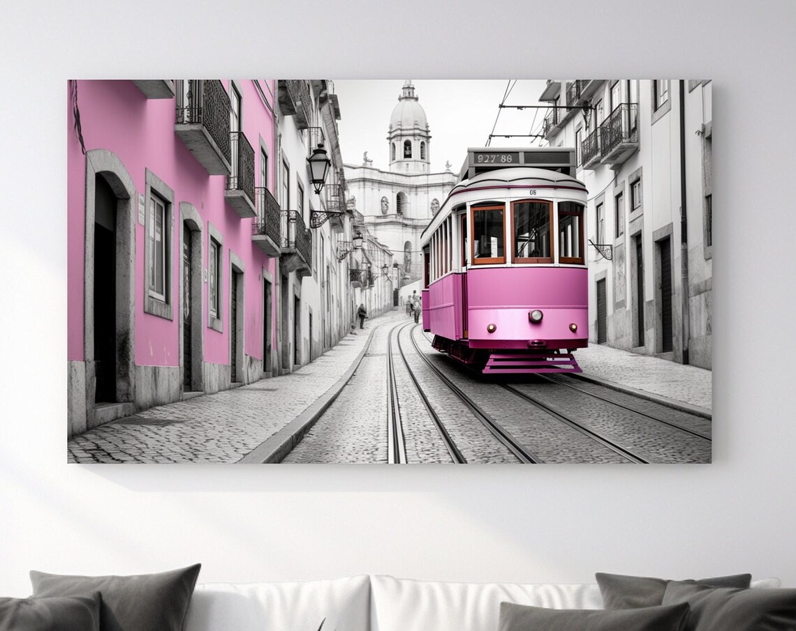 Lisbon Pink Retro Tram Color Splash Historic Old Street Poster