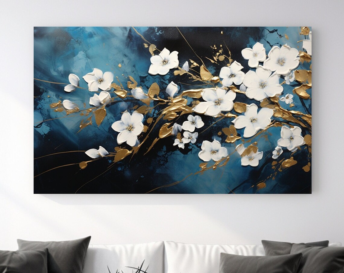 Abstract Flower Painting I Blue Gold Art Print