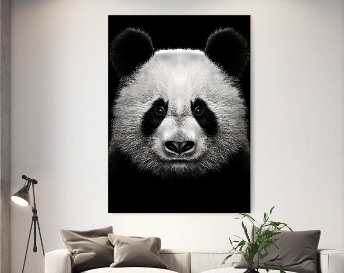 Giant Panda Face Portrait Black Background Monochrome Wildlife Wall Art
