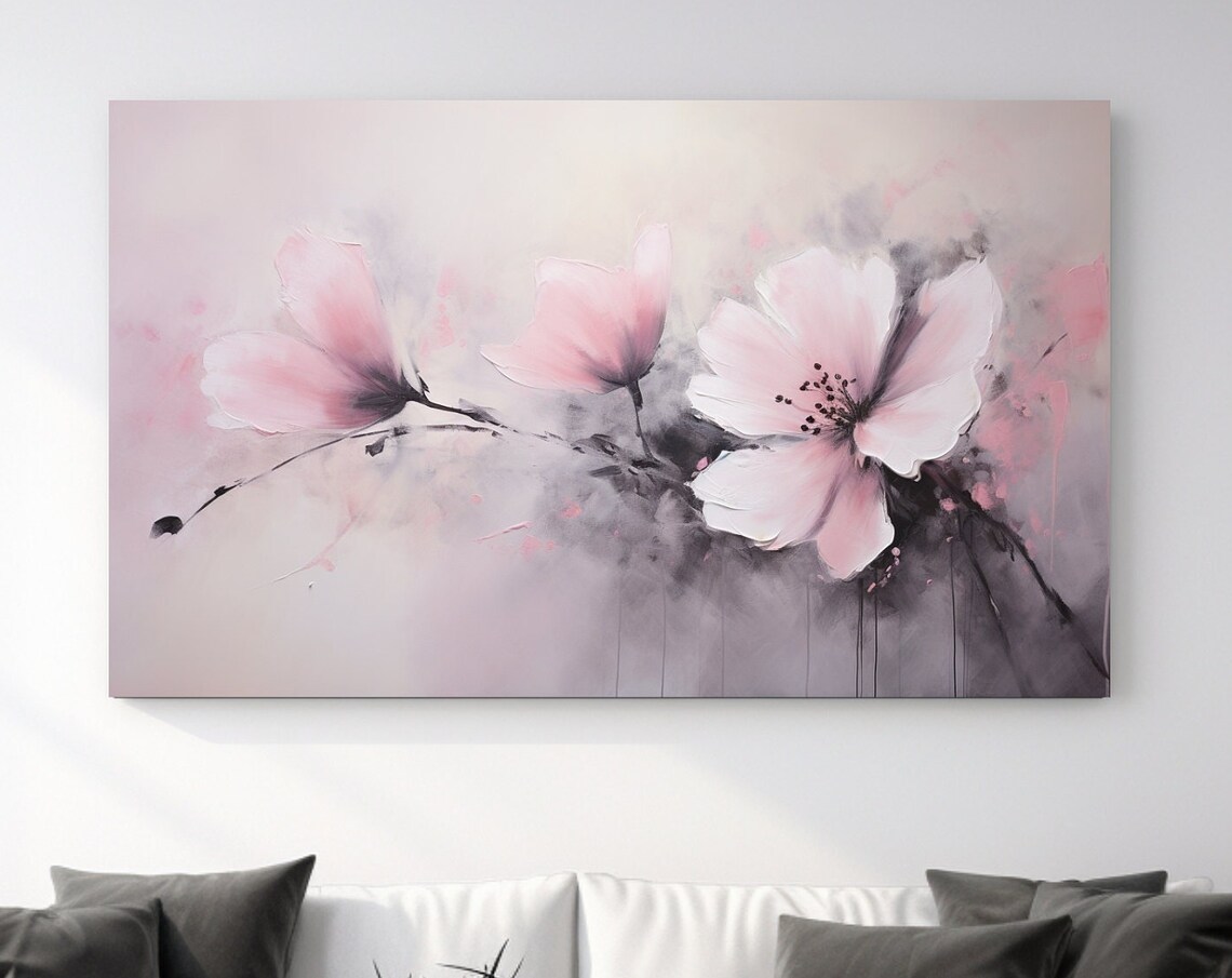Pink Blossoms Misty Grey Abstract Floral Soft Romantic Painting Poster