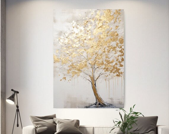 White Gold Tree Painting Design Abstraction Print Aesthetic Home Decor Wall Art Gift Room Decor Wall Hanging