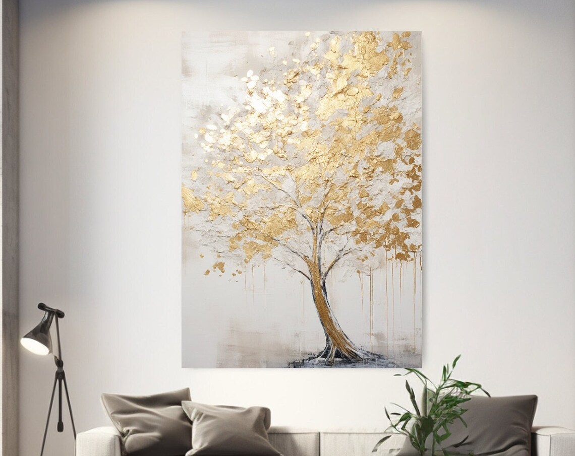 White Gold Tree Painting Design Abstraction Print Aesthetic Home Decor Wall Art Gift Room Decor Wall Hanging
