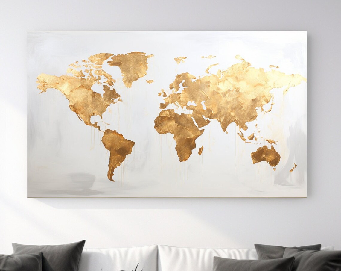 Golden World Map On White Modern Travel Decor Luxury Wall Art Poster