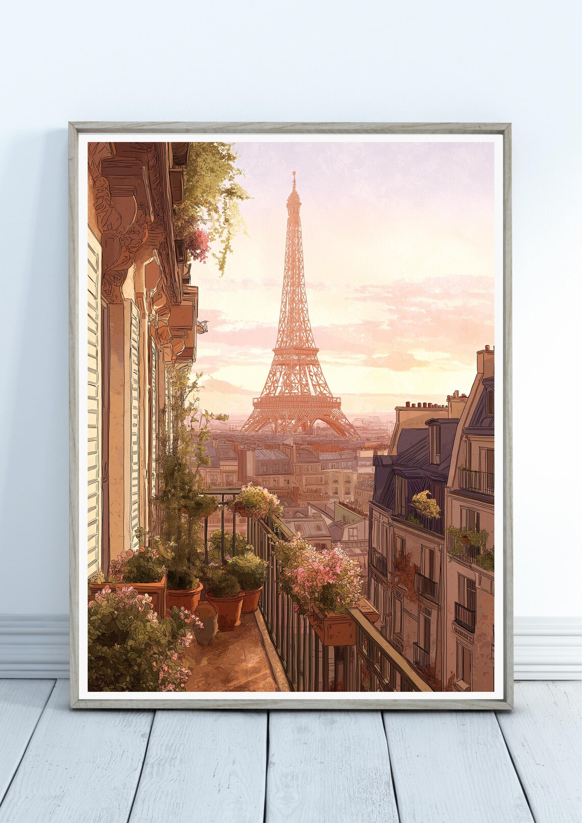 Paris Balcony Flower Garden Eiffel Tower Sunset Romantic Watercolor Poster