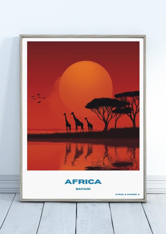 Dramatic Africa Safari Giraffe Sunset Silhouette Travel Poster