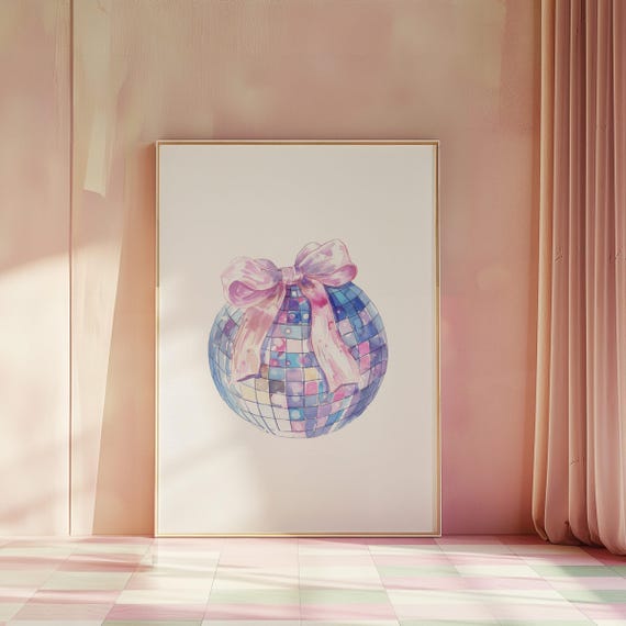 Watercolor Disco Ball With Pink Bow Print Retro Glam Wall Decor For Home Office Or Party Trendy Dopamine Decoration