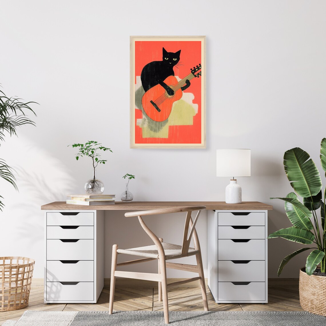 Retro Black Cat Playing an Acoustic Guitar Kitty Music Poster - Image 2