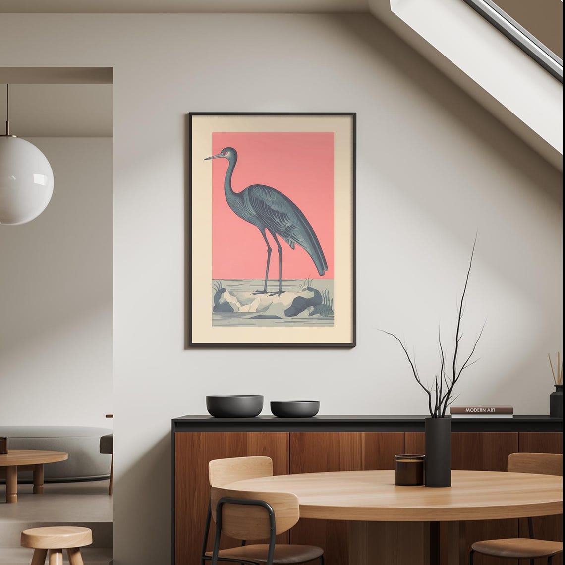 Graceful Blue Heron Standing on Blush Pink Vintage Bird Poster - Image 4