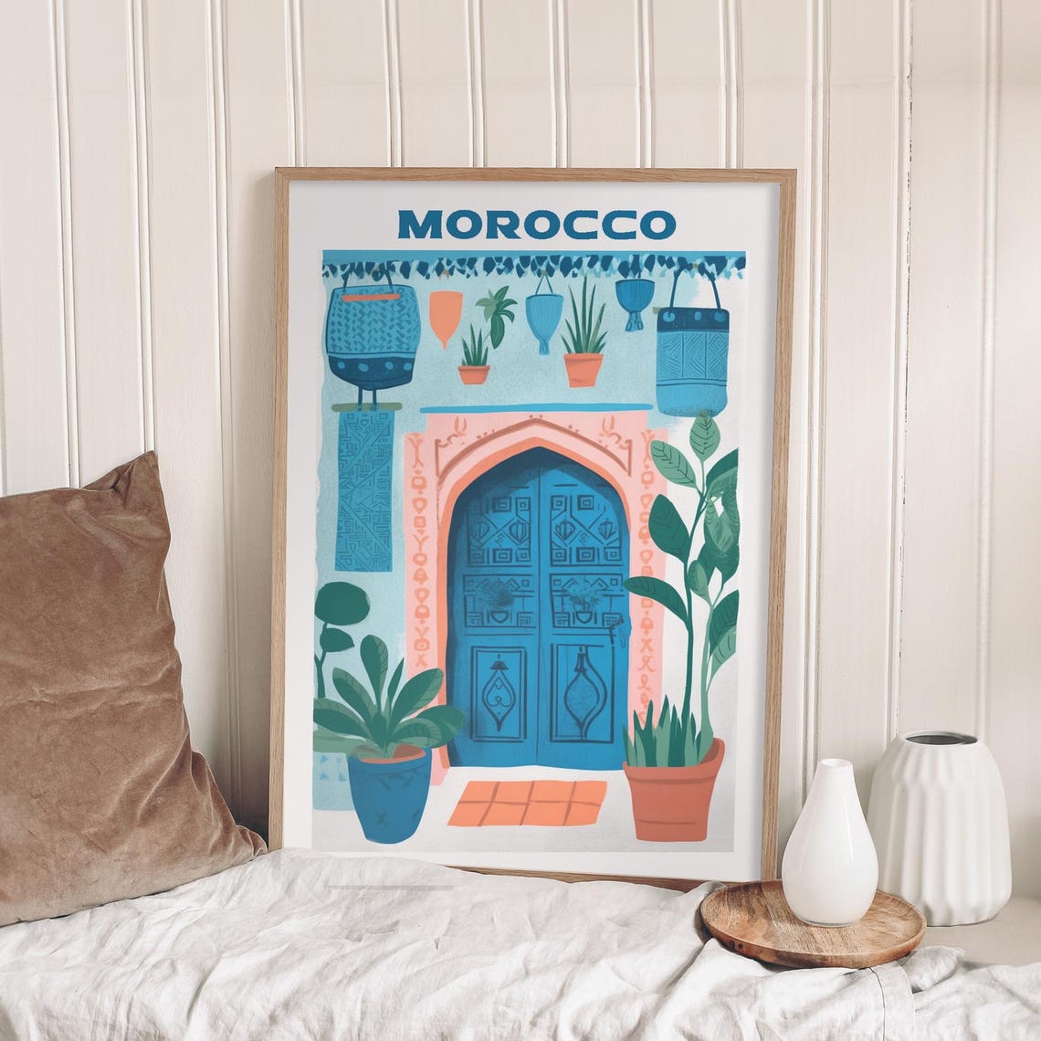 Morocco Blue Door Marrakech Lanterns Travel Illustration Poster