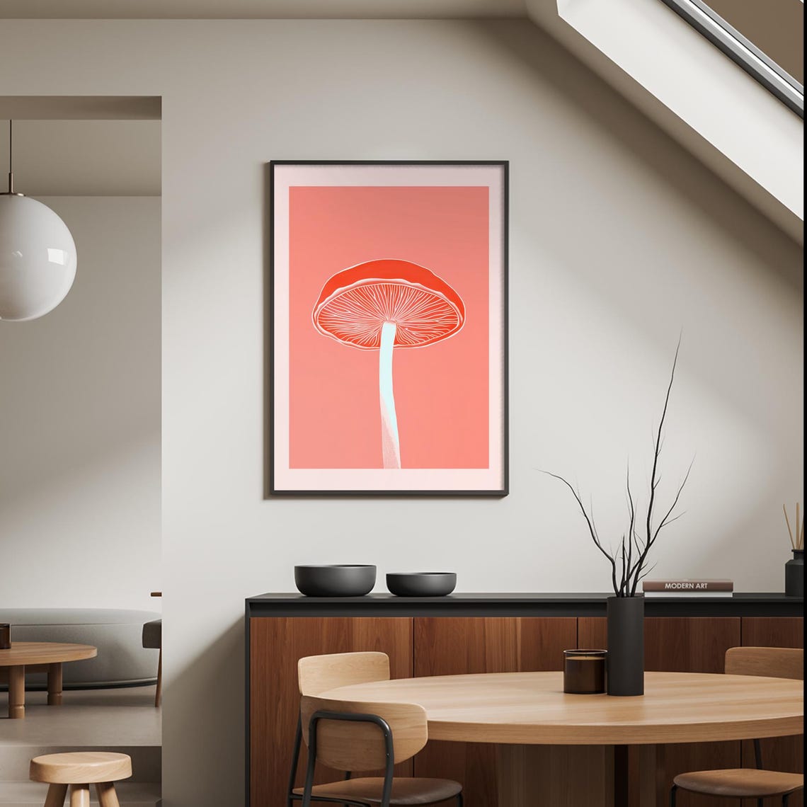 Red Mushroom Single Botanical Close-Up Coral Illustration Poster - Image 3