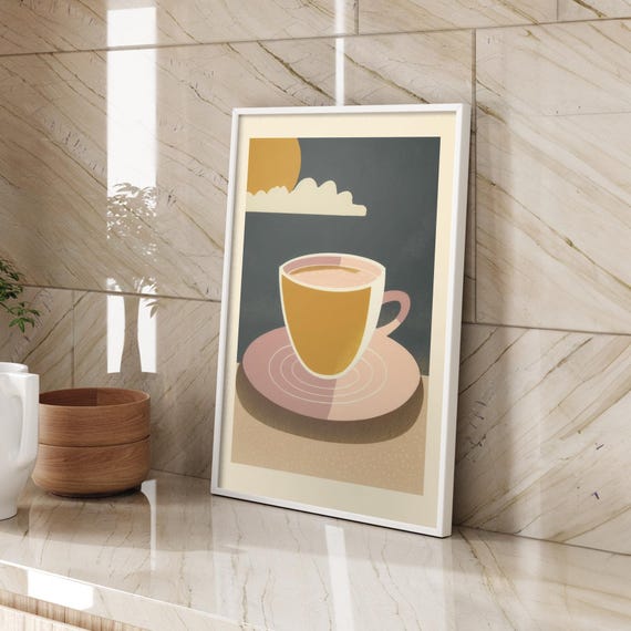 Abstract Coffee Cup Art Poster Modern Kitchen Wall Decor Sunrise Coffee Print Minimalist Art Warm Tone Wall Art Breakfast Nook Decor