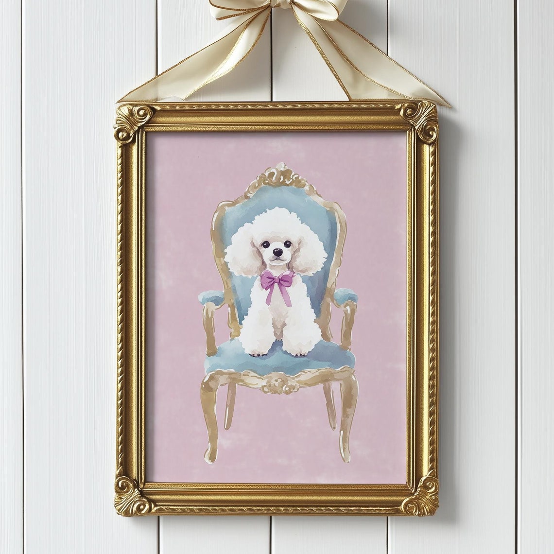 White Poodle On Blue Armchair Coquette Nursery Dog Bow Poster