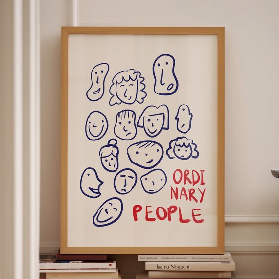 Ordinary People Blue Doodle Faces Whimsical Portrait Art Print
