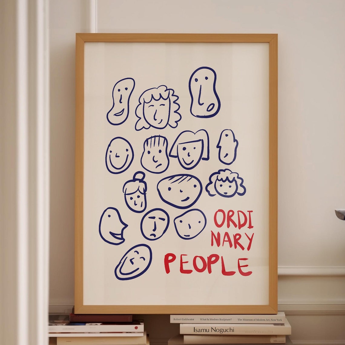 Ordinary People Blue Doodle Faces Whimsical Portrait Art Print