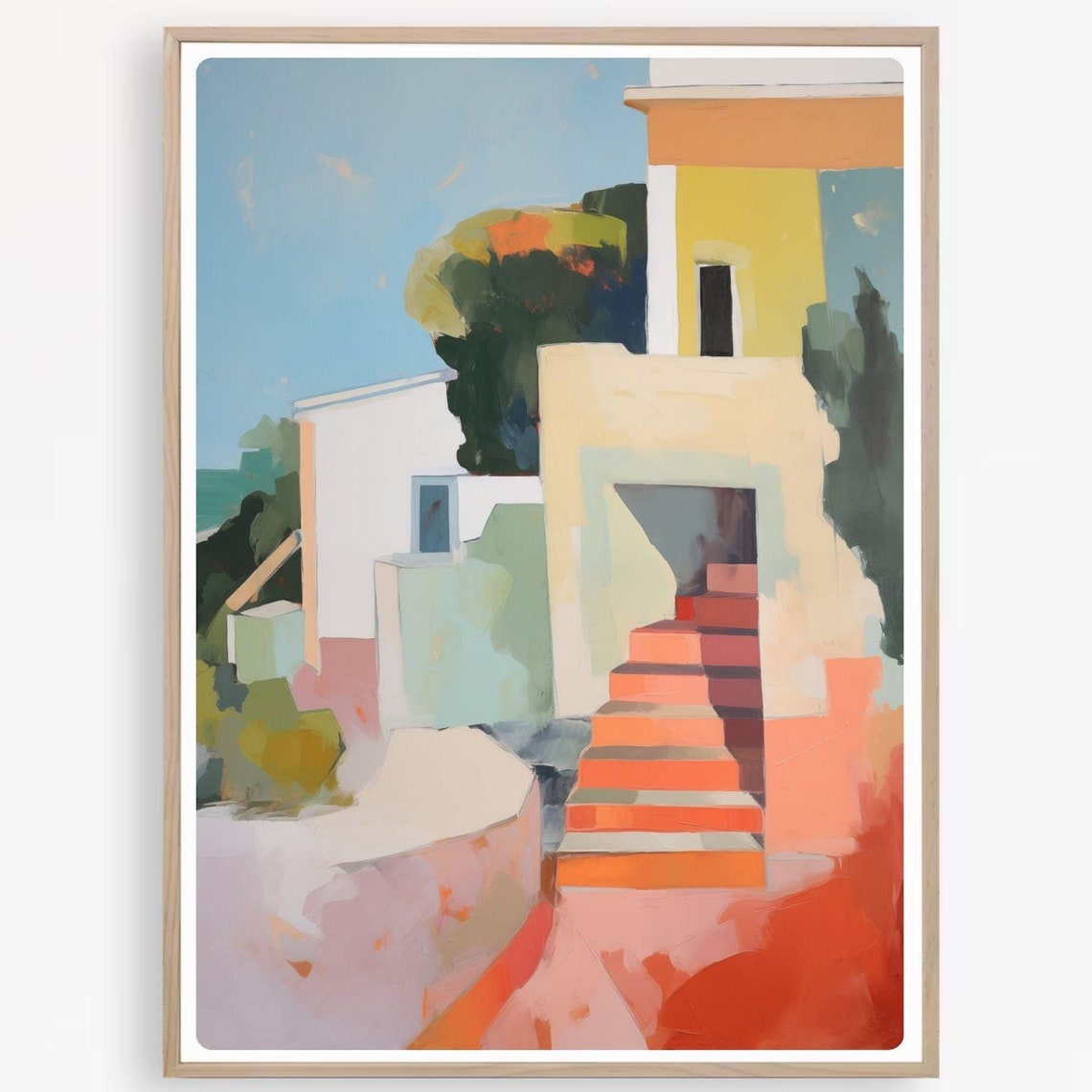 Colorful Abstract Mediterranean Villa with Terracotta Stairs Poster