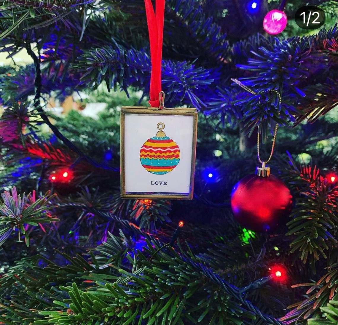 Hand Painted Love Bauble Mini Framed Christmas Tree Ornament Art Print