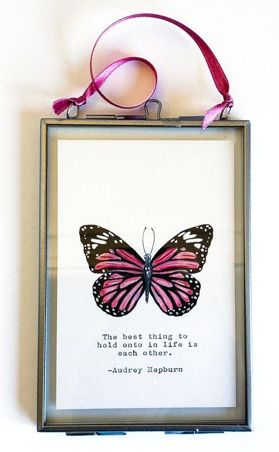 Pink Butterfly Hand Painted Vintage Typed Audrey Hepburn Love Quote