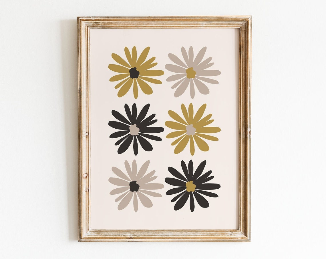 Retro Daisy Flower Grid Print Gold Black Boho Modern Floral Wall Art
