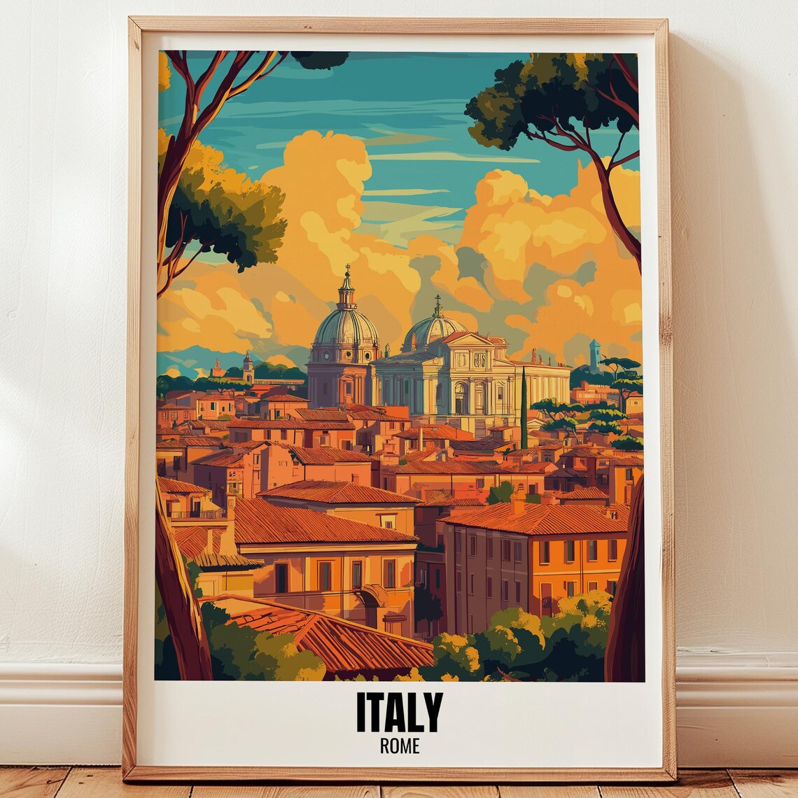 Rome Italy Rooftops Domes Sunset Skyline Vintage Travel Poster