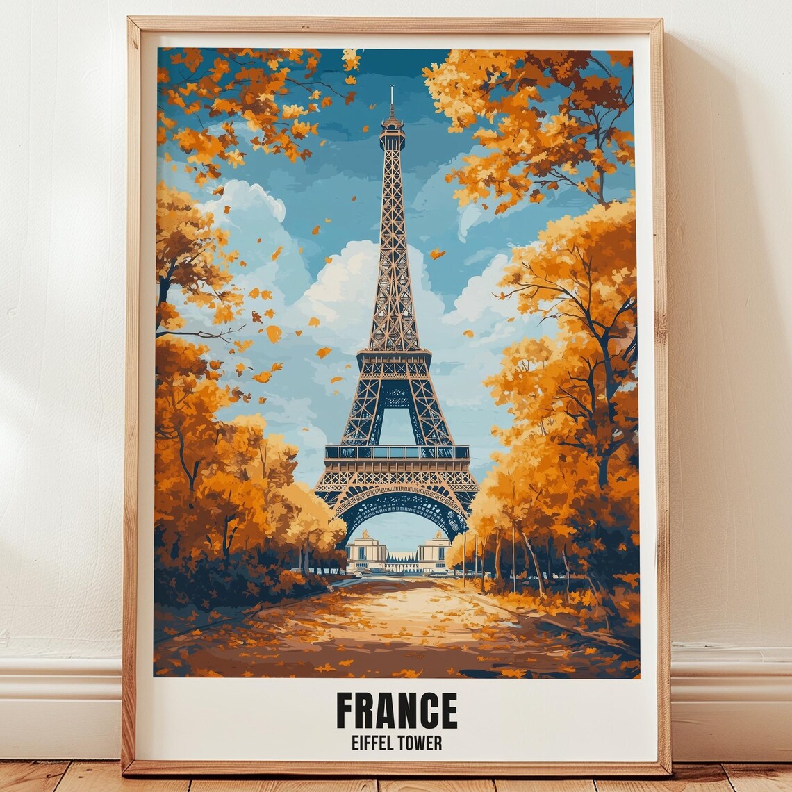 France Eiffel Tower Autumn Leaves Illustration Travel Poster