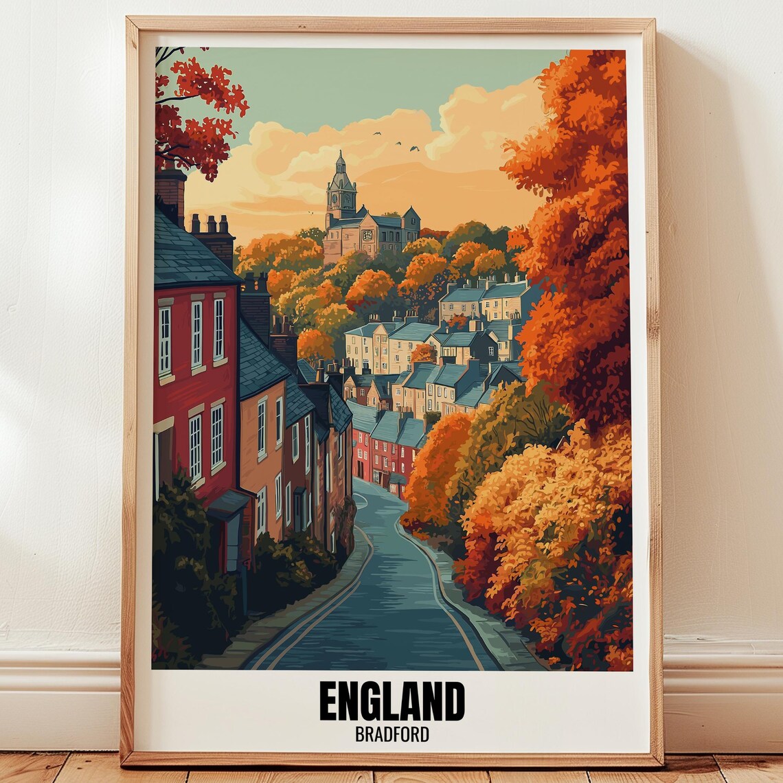 Bradford England Autumn Hillside Town Vintage Illustration Poster