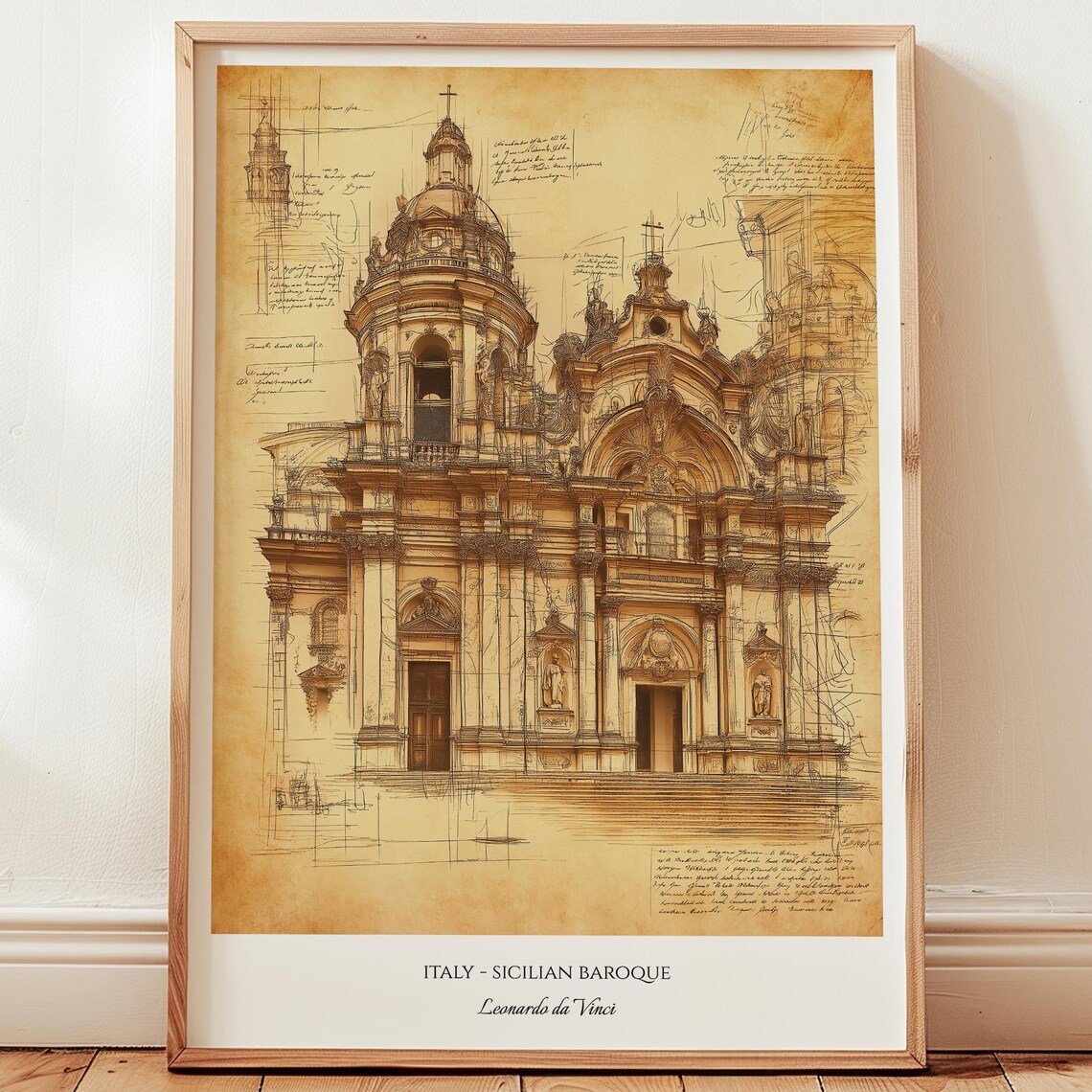 Sicilian Baroque Church Leonardo da Vinci Style Sketch Poster